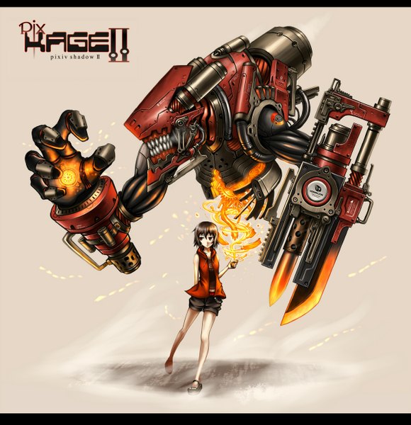 Anime picture 1200x1240 with original gia single tall image short hair black hair red eyes inscription magic mechanical girl weapon shorts