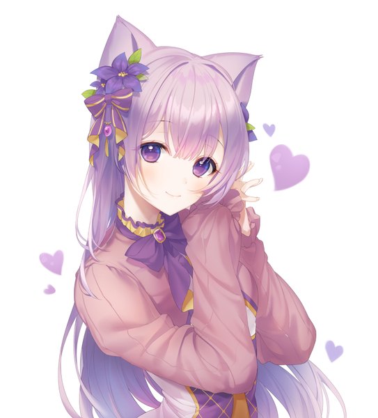 Anime picture 1604x1772 with original a20 (atsumaru) single long hair tall image looking at viewer blush fringe simple background smile hair between eyes white background purple eyes animal ears purple hair upper body long sleeves head tilt hair flower cat ears