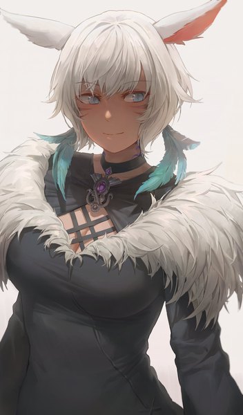 Anime picture 1700x2894 with final fantasy final fantasy xiv square enix miqo'te y'shtola rhul free style (yohan1754) single tall image blush fringe short hair breasts blue eyes simple background smile animal ears looking away upper body white hair cat ears