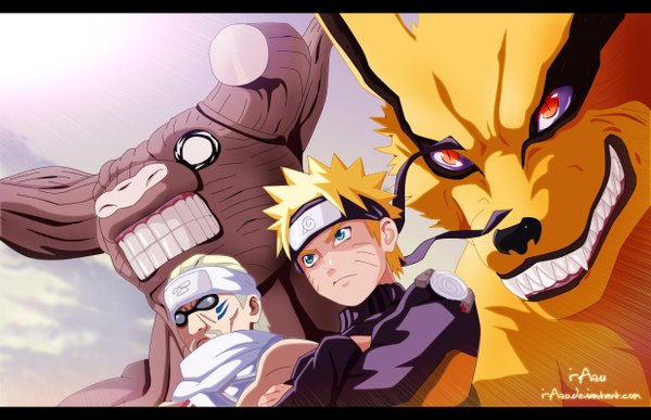 Anime picture 1238x800 with naruto studio pierrot naruto (series) uzumaki naruto kurama (kyuubi) killer bee gyuuki (hachibi) i-azu short hair blue eyes blonde hair red eyes looking away white hair inscription multiple boys teeth tattoo coloring facial mark