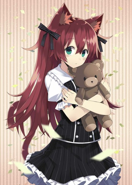 Anime picture 714x1000 with original kuhotaka single long hair tall image looking at viewer blush standing holding green eyes animal ears red hair cat ears mole short sleeves hug mole under eye hug from behind girl skirt
