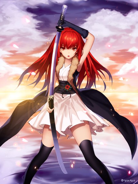 Anime picture 3000x4000 with original cup6542 single long hair tall image looking at viewer fringe highres signed sky cloud (clouds) red hair orange eyes zettai ryouiki twitter username fighting stance unsheathing girl thighhighs dress