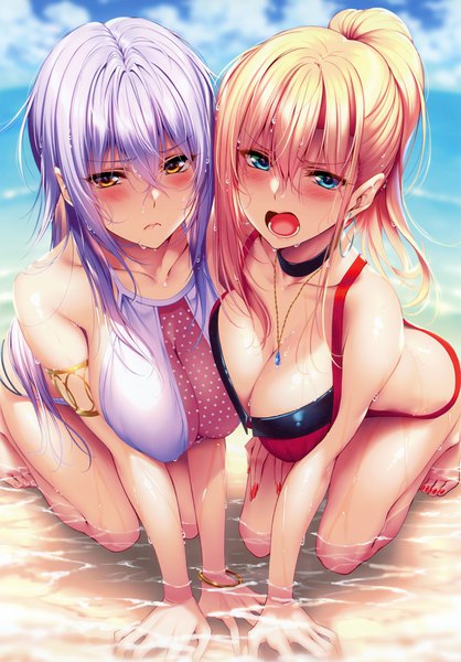 Anime picture 1688x2421 with original piromizu long hair tall image looking at viewer blush fringe breasts open mouth blue eyes light erotic blonde hair hair between eyes large breasts multiple girls yellow eyes payot sky purple hair cloud (clouds)