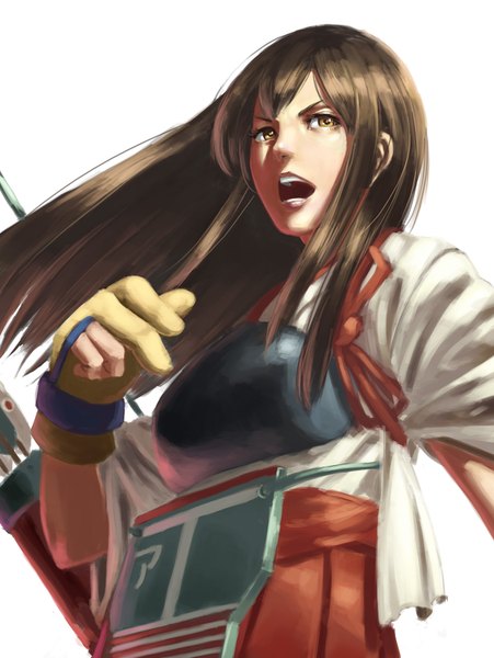 Anime picture 1240x1650 with kantai collection akagi aircraft carrier michitarou single long hair tall image open mouth simple background brown hair white background brown eyes looking away upper body traditional clothes japanese clothes realistic girl gloves armor arrow (arrows)