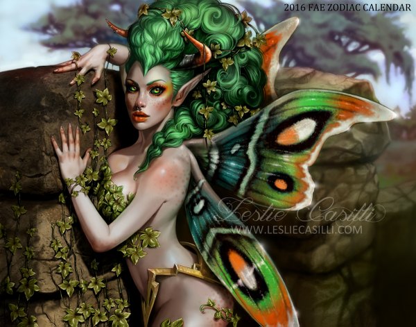 Anime picture 1200x943 with calendar project (enchantress-lele) taurus (calendar project) enchantress-lele single long hair looking at viewer light erotic bare shoulders green eyes horn (horns) green hair lips pointy ears lipstick eyebrows red lipstick fantasy makeup insect wings butterfly wings
