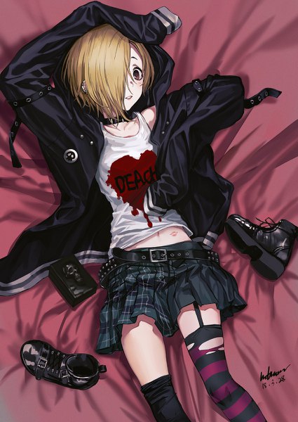 Anime picture 850x1200 with idolmaster idolmaster cinderella girls black jack shirasaka koume infukun single tall image looking at viewer fringe short hair blonde hair brown eyes signed lying hair over one eye open jacket on back dated shoes removed different thighhighs