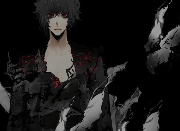 Anime picture 1328x967 with tokyo yamanote boys kyohei kurusu single looking at viewer short hair red eyes grey hair black background face paint boy cape