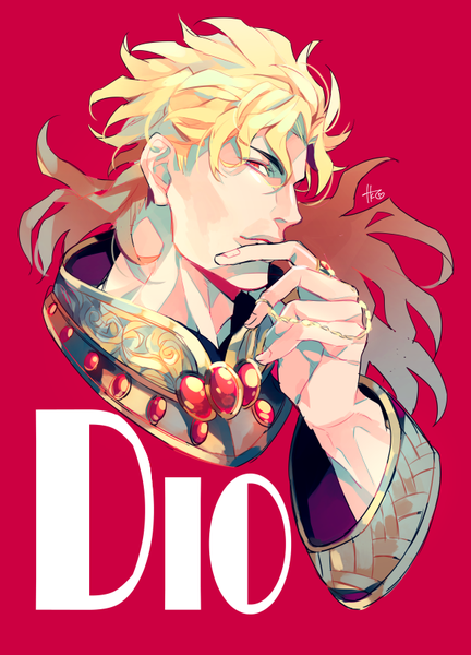 Anime picture 600x833 with jojo no kimyou na bouken dio brando takashi (huzakenna) single long hair tall image looking at viewer simple background blonde hair red eyes signed profile character names finger to mouth red background boy chain ring