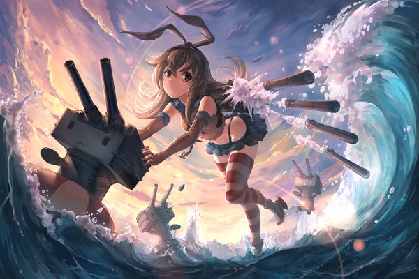 Anime picture 1280x855 with kantai collection shimakaze destroyer rensouhou-chan ant (fenixant) long hair looking at viewer fringe blonde hair bare shoulders brown eyes sky cloud (clouds) bent knee (knees) pleated skirt sunlight bare belly girl thighhighs skirt gloves