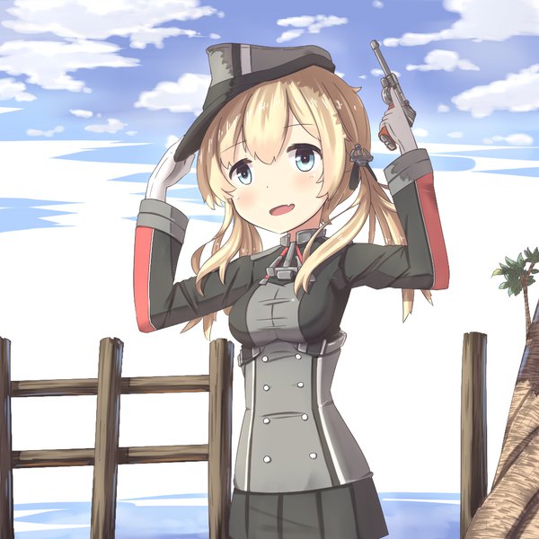 Anime-Bild 1080x1080 mit kantai collection prinz eugen (kantai collection) hinbackc single long hair blush fringe open mouth blue eyes blonde hair smile hair between eyes standing twintails holding looking away sky cloud (clouds) outdoors :d