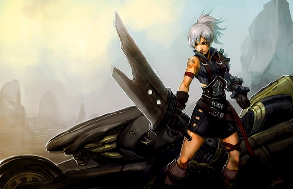 Anime picture 1530x990 with league of legends riven (league of legends) single short hair blonde hair white hair tattoo girl dress weapon sword armor huge weapon huge sword motorcycle