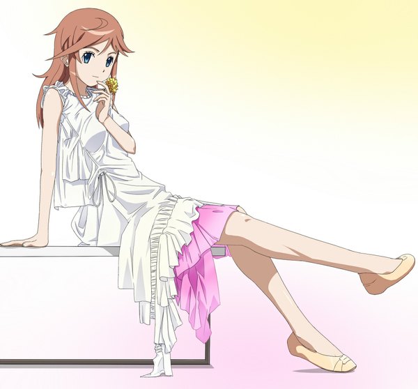 Anime picture 1000x930 with miniskirt pirates katou marika ribonzu (artist) long hair blue eyes brown hair sitting legs girl dress flower (flowers)
