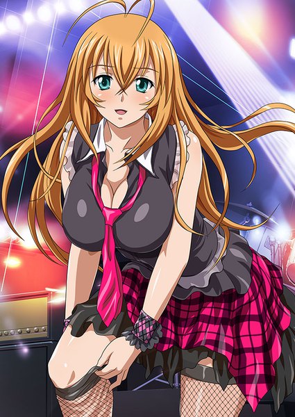 Anime picture 640x903 with ikkitousen sonsaku hakufu single long hair tall image looking at viewer blush fringe breasts open mouth light erotic blonde hair smile hair between eyes large breasts ahoge pleated skirt aqua eyes blurry leaning