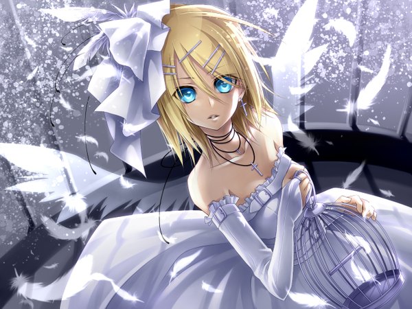 Anime picture 1333x1000 with vocaloid kagamine rin ueno tsuki short hair blue eyes blonde hair girl dress gloves hair ornament bow hair bow wings elbow gloves white dress bobby pin feather (feathers) cross cage