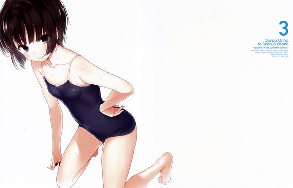 Anime picture 6820x4378 with denpa onna to seishun otoko shaft (studio) maekawa buriki single looking at viewer highres short hair breasts light erotic black hair simple background smile white background bare shoulders absurdres barefoot black eyes scan arm support