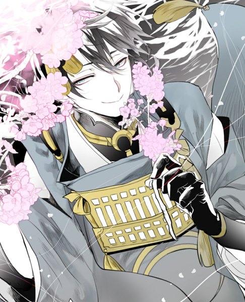 Anime picture 794x980 with touken ranbu nitroplus mikazuki munechika noppo single tall image fringe short hair smile holding looking away traditional clothes japanese clothes aqua eyes wide sleeves dark hair boy gloves black gloves