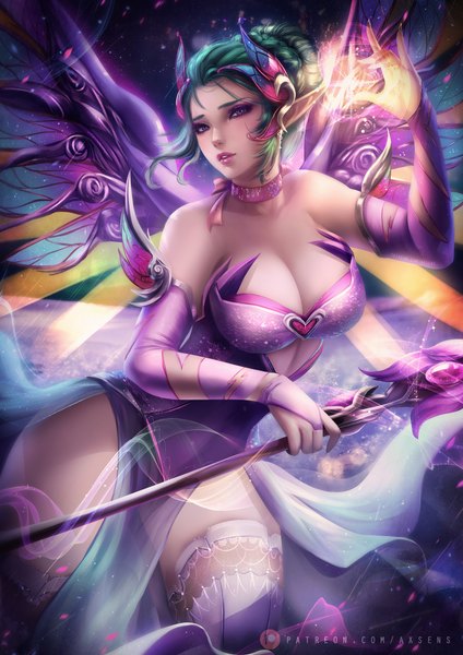 Anime picture 3532x5000 with overwatch blizzard entertainment mercy (overwatch) sugar plum fairy mercy axsen single tall image looking at viewer blush highres short hair breasts light erotic large breasts standing purple eyes bare shoulders holding absurdres cleavage