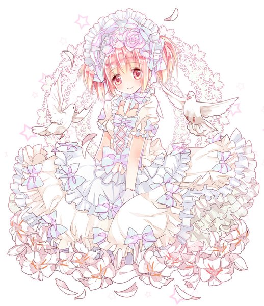 Anime picture 1000x1157 with mahou shoujo madoka magica shaft (studio) kaname madoka ayumaru (art of life) single tall image looking at viewer short hair simple background smile white background twintails payot pink hair pink eyes short twintails lolita fashion sweet lolita girl flower (flowers)