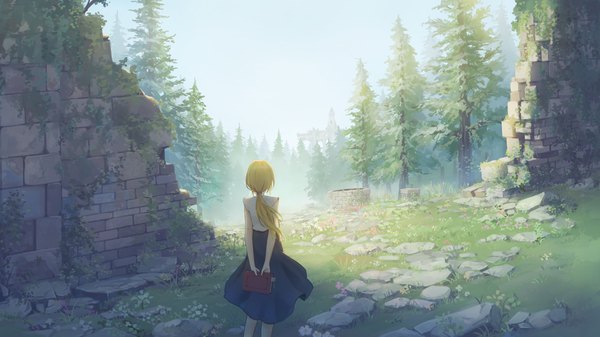 Anime picture 4409x2480 with original mitsuki (yu hsiang yi) single long hair highres blonde hair wide image standing holding absurdres sky outdoors from behind low ponytail hands behind back landscape ruins brick wall fog girl