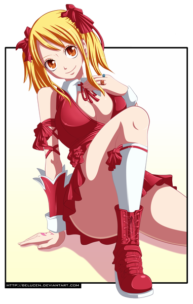 Anime picture 778x1224 with fairy tail lucy heartfilia belucen single long hair tall image light erotic blonde hair smile twintails brown eyes coloring girl ribbon (ribbons) hair ribbon socks thigh boots white socks ring knee socks