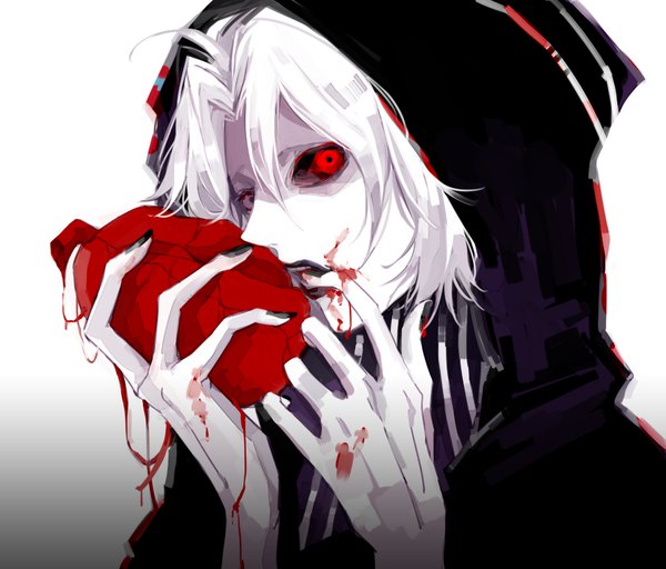 Anime picture 890x760 with tokyo ghoul studio pierrot takizawa seidou kayutarou single looking at viewer fringe short hair open mouth simple background hair between eyes red eyes holding upper body ahoge white hair nail polish arms up heterochromia striped