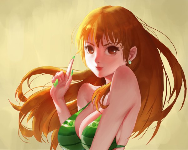 Anime-Bild 2048x1639 mit one piece toei animation nami (one piece) shen zhigang single long hair looking at viewer blush fringe highres breasts light erotic simple background hair between eyes large breasts bare shoulders brown eyes cleavage upper body nail polish