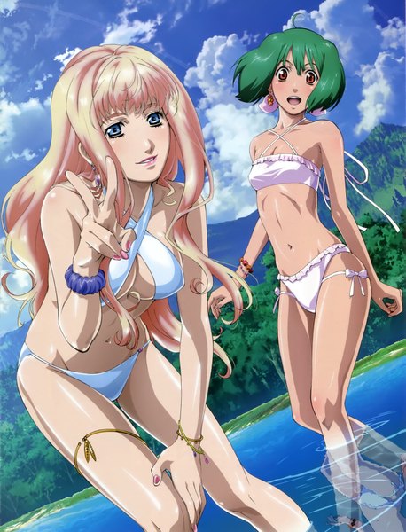 Anime picture 2753x3610 with macross macross frontier sheryl nome ranka lee tagme (artist) tall image highres blue eyes light erotic blonde hair multiple girls brown eyes cloud (clouds) green hair victory girl 2 girls swimsuit earrings bikini