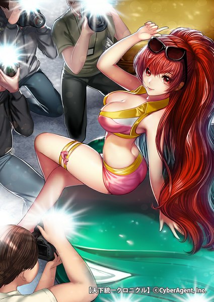Anime picture 724x1023 with original garam long hair tall image breasts light erotic red eyes large breasts cleavage ponytail red hair crossed legs girl boy sunglasses camera