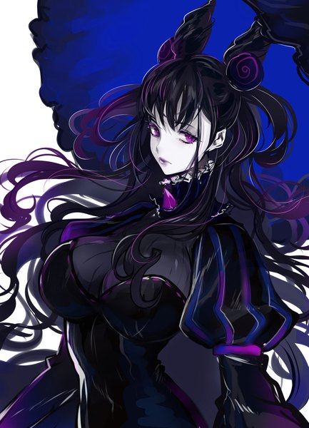 Anime picture 3044x4218 with fate (series) fate/grand order murasaki shikibu (fate) souike misshao 00 single long hair tall image looking at viewer fringe highres breasts light erotic hair between eyes white background purple eyes absurdres upper body puffy sleeves huge breasts