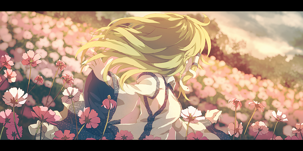Anime picture 1600x800 with touhou kochiya sanae dise single long hair wide image outdoors green hair letterboxed spread arms girl flower (flowers) detached sleeves hair tubes flower field cosmos (flower)