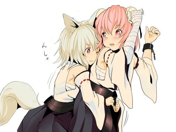 Anime picture 1200x900 with touhou inubashiri momiji ibaraki kasen ishikkoro blush short hair simple background blonde hair white background multiple girls animal ears pink hair tail traditional clothes japanese clothes animal tail pink eyes light smile sweat sweatdrop