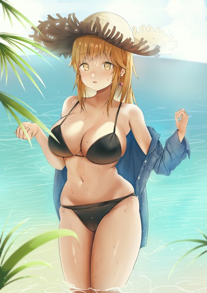 Anime picture 1414x2000 with original grayfox single long hair tall image looking at viewer blush fringe breasts open mouth light erotic blonde hair large breasts standing yellow eyes payot cleavage outdoors blunt bangs off shoulder