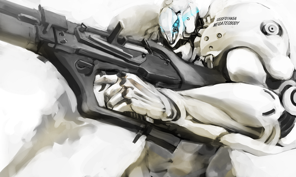 Anime picture 1104x661 with original jittsu simple background wide image white background mechanical weapon gun fur robot cyborg