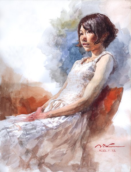 Anime picture 1044x1370 with original misawa hiroshi single tall image short hair brown hair sitting signed realistic traditional media girl sundress