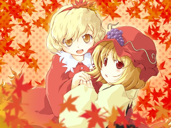 Anime picture 1600x1200 with touhou aki minoriko aki shizuha paji looking at viewer short hair open mouth blonde hair red eyes multiple girls yellow eyes holding hands siblings sisters autumn girl 2 girls hat leaf (leaves) bonnet