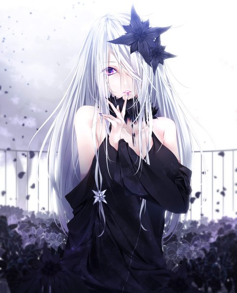 Anime picture 1625x2000 with original yoaferia single long hair tall image fringe purple eyes bare shoulders silver hair hair flower hair over one eye finger to mouth girl dress hair ornament flower (flowers) petals black dress