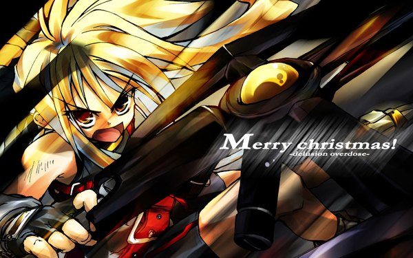 Anime picture 1680x1050 with mahou shoujo lyrical nanoha fate testarossa bardiche matsuno canel highres blonde hair red eyes wide image girl