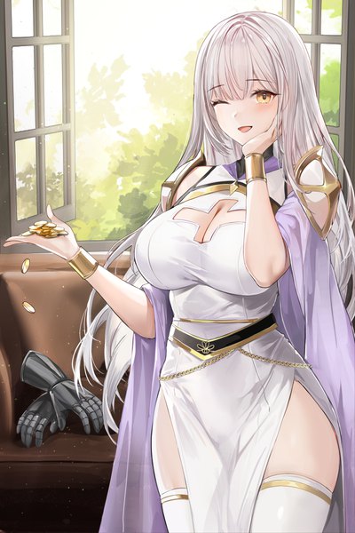 Anime picture 4000x6000 with original lillly single long hair tall image looking at viewer blush fringe highres breasts open mouth light erotic smile hair between eyes large breasts standing holding yellow eyes absurdres silver hair