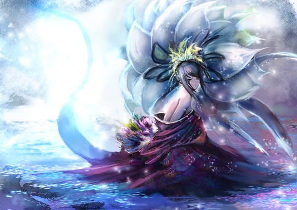 Anime picture 1754x1240 with original bccp single long hair looking at viewer fringe highres black hair sitting bare shoulders brown eyes light smile reflection bare back glow girl hair ornament flower (flowers) open kimono