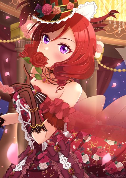 Anime picture 2896x4096 with love live! school idol project sunrise (studio) love live! nishikino maki pukonuu single tall image blush highres short hair purple eyes holding looking away red hair off shoulder floral print girl dress gloves flower (flowers)