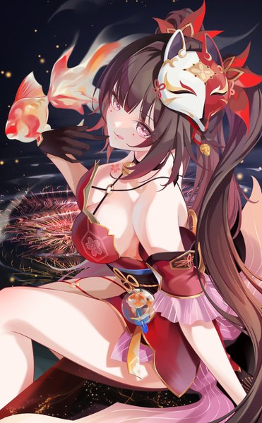 Anime picture 4000x6472 with honkai: star rail honkai (series) sparkle (honkai: star rail) kns hanazuna single long hair tall image looking at viewer fringe highres breasts light erotic smile brown hair large breasts sitting twintails bare shoulders payot absurdres