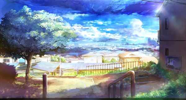 Anime picture 2000x1078 with original yatsude highres wide image sky cloud (clouds) city no people landscape scenic flower (flowers) plant (plants) tree (trees) grass sun stairs house road rainbow
