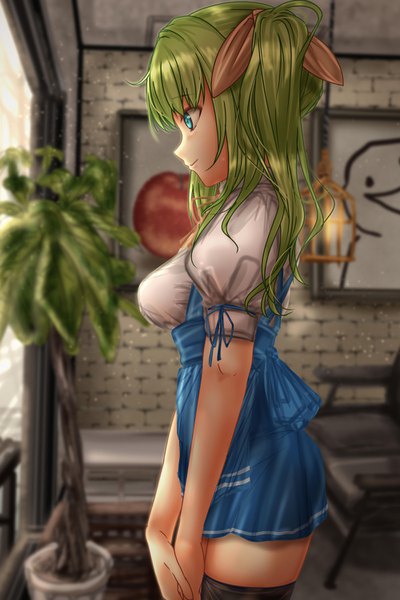 Anime picture 1000x1500 with touhou anna miller daiyousei shounen (hogehoge) single long hair tall image blush fringe breasts blue eyes smile hair between eyes standing looking away ahoge indoors profile green hair blurry