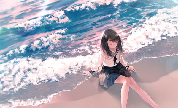 Anime picture 1636x1000 with original sousou (sousouworks) single long hair fringe black hair smile wide image outdoors eyes closed long sleeves pleated skirt from above arm support bare legs beach lens flare girl skirt uniform