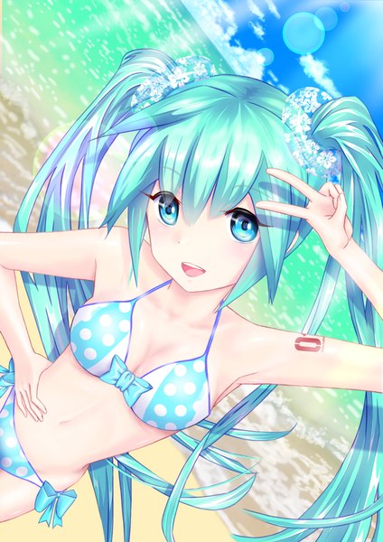 Anime picture 778x1100 with vocaloid hatsune miku sagato single long hair tall image looking at viewer blush fringe breasts open mouth blue eyes light erotic smile hair between eyes twintails bare shoulders payot sky cloud (clouds)