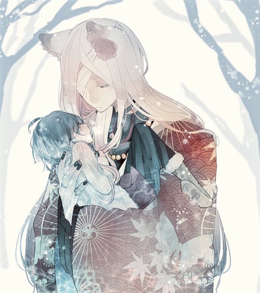 Anime picture 908x1024 with original no. 06 (zabeo) kwu zabeo0125 long hair tall image short hair black hair animal ears full body upper body ahoge bent knee (knees) outdoors white hair nail polish traditional clothes japanese clothes profile wide sleeves