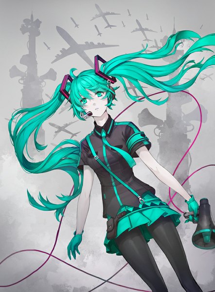 Anime picture 650x882 with vocaloid koi wa sensou (vocaloid) hatsune miku 10b.p single long hair tall image standing twintails sky ahoge parted lips pleated skirt aqua eyes wind aqua hair from below short sleeves dutch angle fog