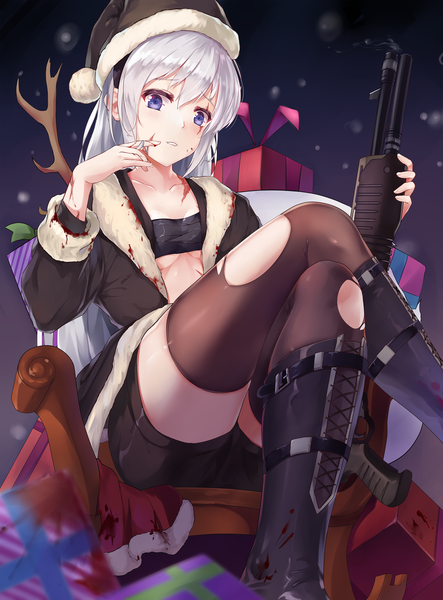 Anime picture 1992x2698 with original zombie-andy single long hair tall image looking at viewer blush fringe highres breasts blue eyes light erotic hair between eyes sitting cleavage silver hair parted lips horn (horns) open clothes crossed legs