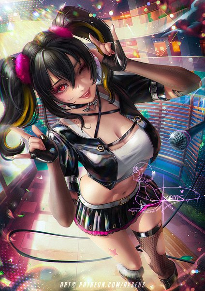 Anime-Bild 848x1200 mit love live! school idol project sunrise (studio) love live! yazawa nico axsen single tall image looking at viewer fringe breasts open mouth light erotic black hair hair between eyes red eyes large breasts standing twintails signed nail polish