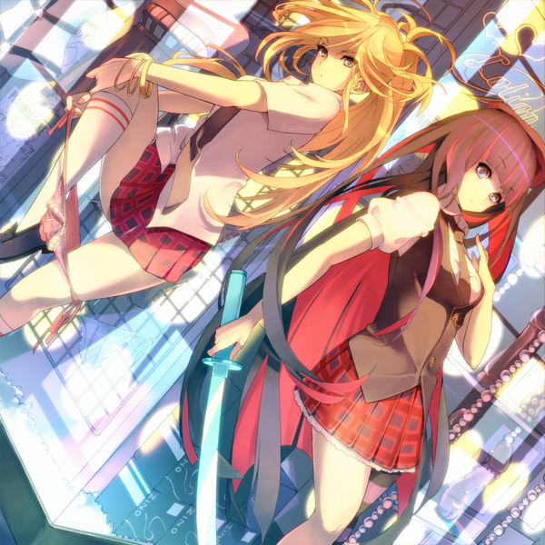 Anime picture 941x941 with panty & stocking with garterbelt anarchy stocking anarchy panty bunkyo takemi long hair looking at viewer light erotic blonde hair brown hair multiple girls looking away red hair very long hair nail polish multicolored hair inscription two-tone hair colored inner hair siblings sisters